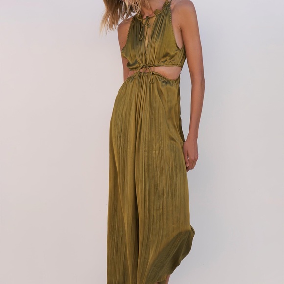 ZARA SATIN DRESS WITH CUT-OUT DETAIL OLIVE GREEN - Picture 7 of 12